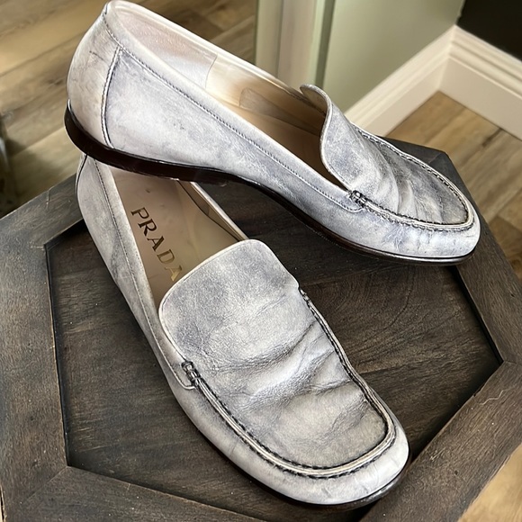 PRADA, leather loafers, washed gray color, stunning